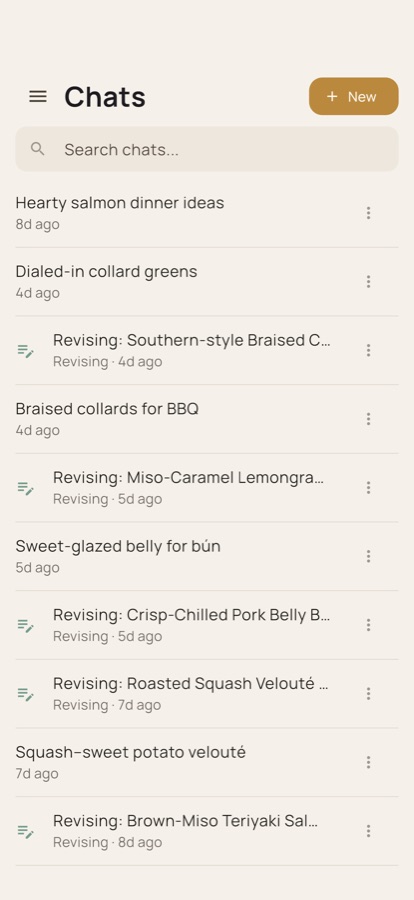 Dishcraft chat screen where you brainstorm cooking ideas with AI.