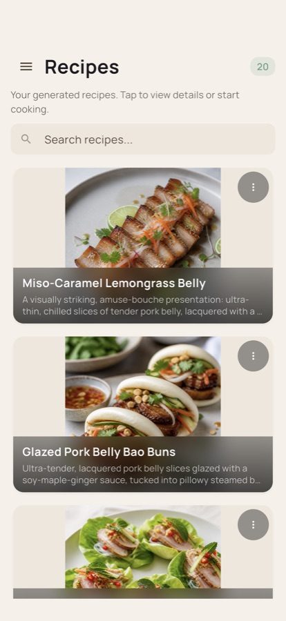 Dishcraft recipes screen with AI-generated dishes and photos.