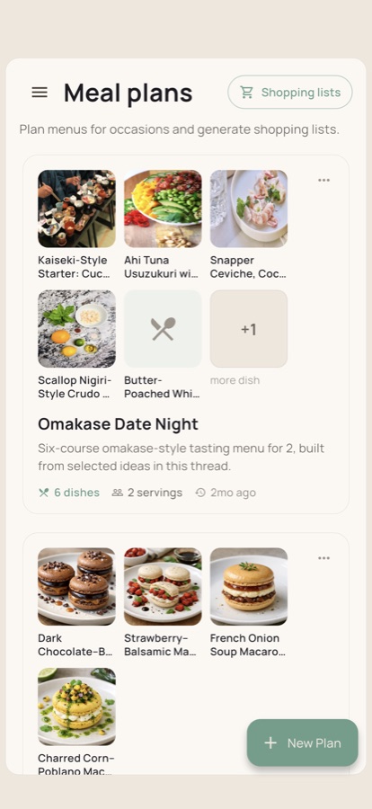 Dishcraft meal plans screen showing multi-dish menus.